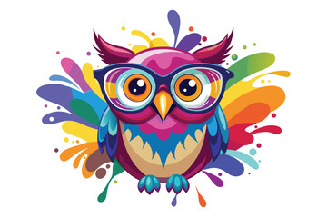 Colorful artistic owl in eyeglasses with colorful paint splatters on white background.