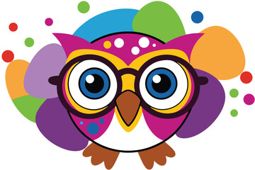 Fototapeta premium Colorful artistic owl in eyeglasses with colorful paint splatters on white background.