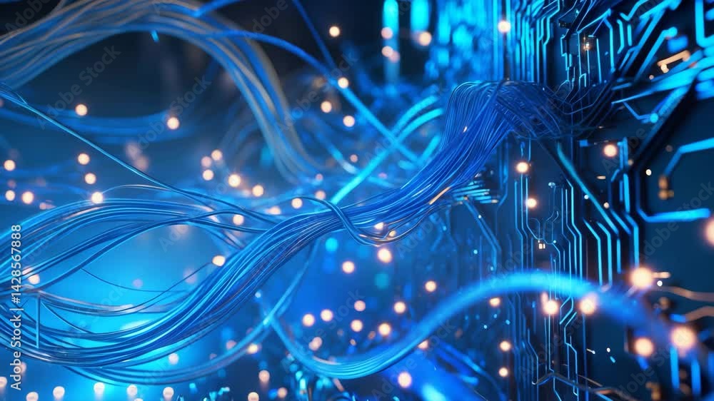 Poster blue-themed digital animation showcasing letters and interconnected network elements