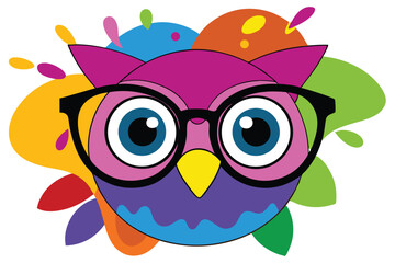Colorful artistic owl in eyeglasses with colorful paint splatters on white background.