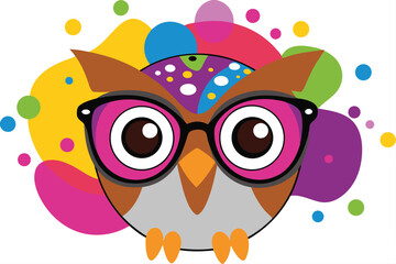 Colorful artistic owl in eyeglasses with colorful paint splatters on white background.