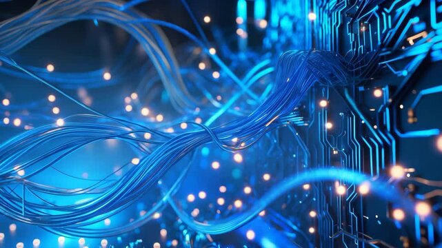 Blue-themed digital animation showcasing letters and interconnected network elements