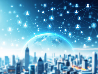 Digital network of connected people icons over Earth and city skyline, glowing tech-style on a blurred urban background, concept of global communication, Ai generative