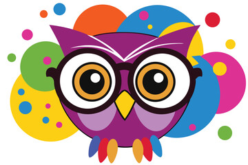 Colorful artistic owl in eyeglasses with colorful paint splatters on white background.