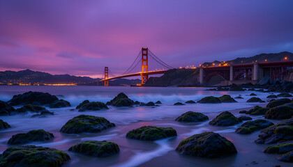 Golden Gate Bridge at Dusk Beneath a Purple Indigo Sky and Flickering City Lights