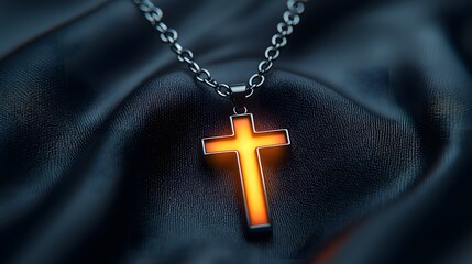Glowing cross pendant on delicate chain against black fabric