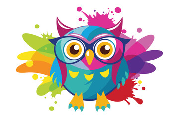 Colorful artistic owl in eyeglasses with colorful paint splatters on white background.