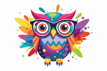 Colorful artistic owl in eyeglasses with colorful paint splatters on white background.