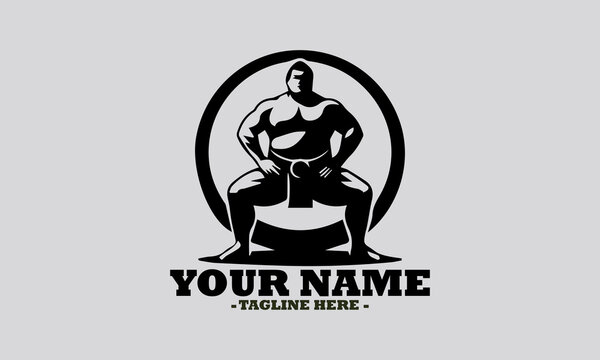 illustration of a robust sumo wrestler in a traditional crouching stance within a circular frame. sumo sport concept, Japanese sumo wrestling vector illustration and logo sumo vector design