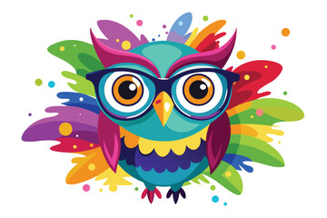 Colorful artistic owl in eyeglasses with colorful paint splatters on white background.