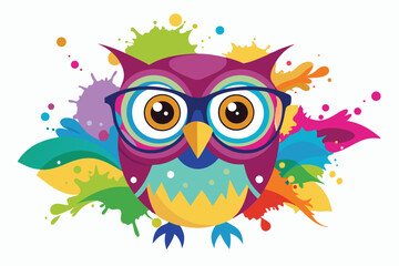 Colorful artistic owl in eyeglasses with colorful paint splatters on white background.