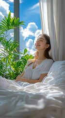 Relaxed woman enjoying morning sun on bed