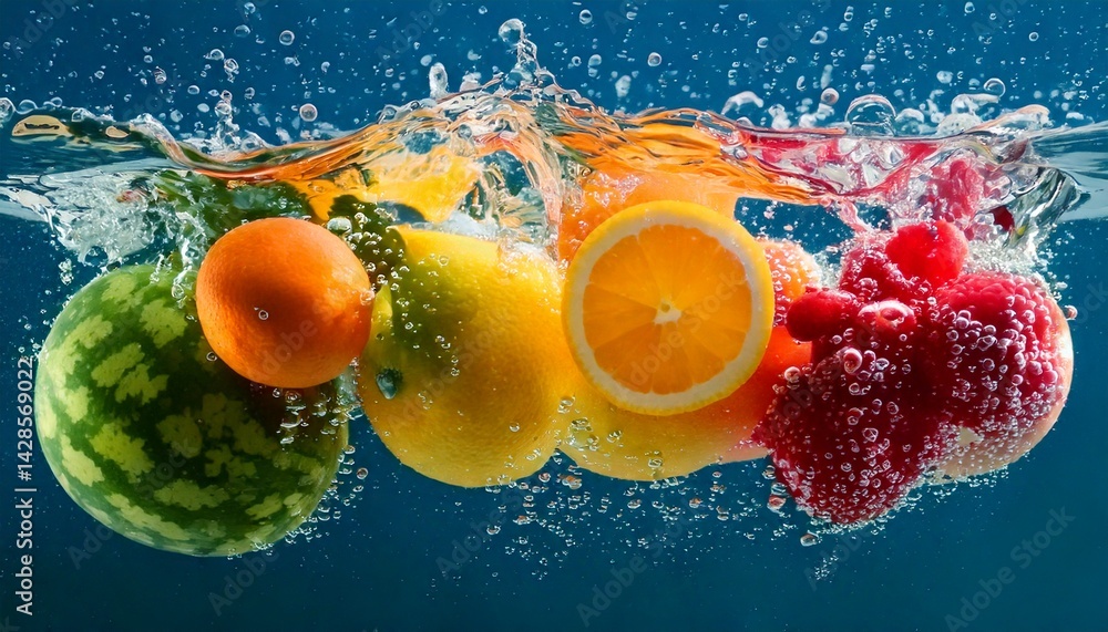 Aufkleber a high-resolution image of assorted fruits submerged in water with bubbles, captured mid-motion, ref