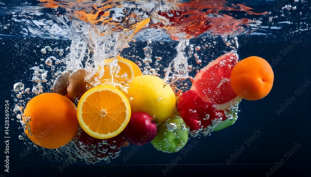 Aufkleber a high-resolution image of assorted fruits submerged in water with bubbles, captured mid-motion, ref