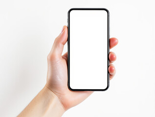 Hand holding a smartphone with blank white screen, minimal realistic style, on white background. Concept of tech, UI mockup, or product display. Ai generative