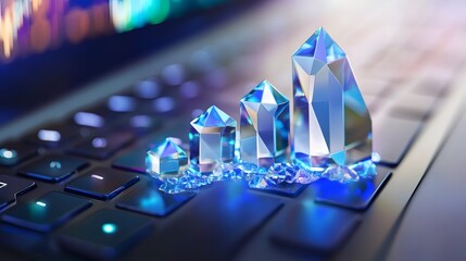 Obraz premium Digital Growth Spire: A striking image of clear crystal growth is perfectly poised atop the keyboard, as digital data visualization charts a path to growth.