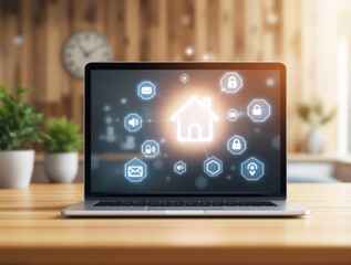 Laptop showing smart home control interface with glowing tech icons, futuristic style, placed on wooden table, cozy home background, concept of home automation. Ai generative
