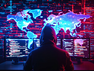Person in hoodie at desk facing multiple monitors filled with code, glowing world map and digital data graphics on dark background, concept of cyber tech crime. Ai generative