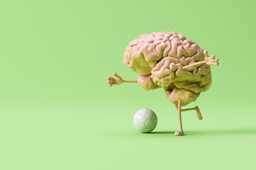 3D rendering of a brain playing soccer on a green background symbolizing mental health and active lifestyle