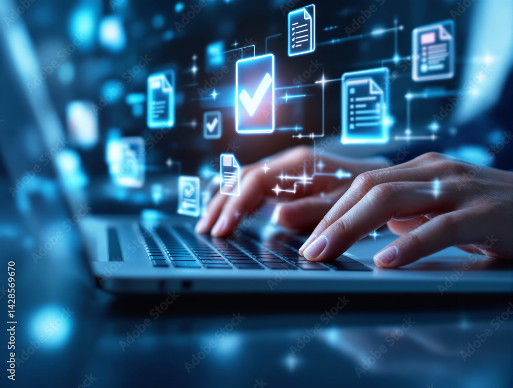 Poster hands typing on laptop with glowing digital document icons and checkmarks, futuristic tech style, da