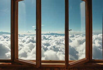 Fototapeta premium a serene view of fluffy white clouds filling the landscape is framed by a rustic wooden window, creating a peaceful and expansive atmosphere.