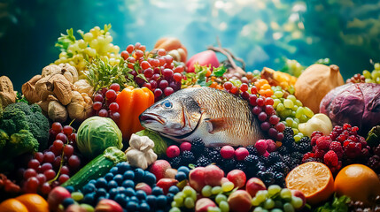Fototapeta premium Artful arrangement of brainboosting foods vibrant display of nuts fatty fish colorful vegetables and berries clean bright lighting emphasizes fresh wholesome qualities