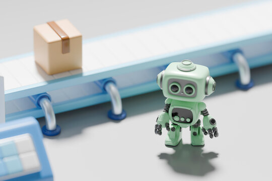 3D rendering of a robot working in a logistics setting with a conveyor belt and package