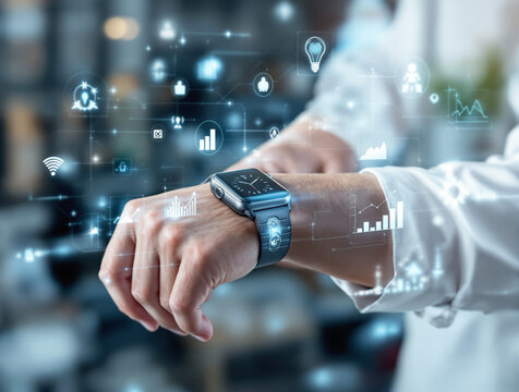 Close-up of person using smartwatch with digital tech icons and data graphics floating around, futuristic style, blurred office background, concept of innovation. Ai generative