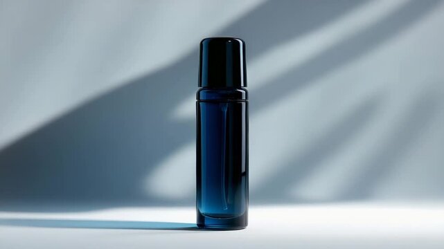 dark blue glass roll-on deodorant bottle set apart on a white surface