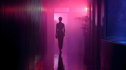 through a futuristic office hallway illuminated by glowing neon art installations