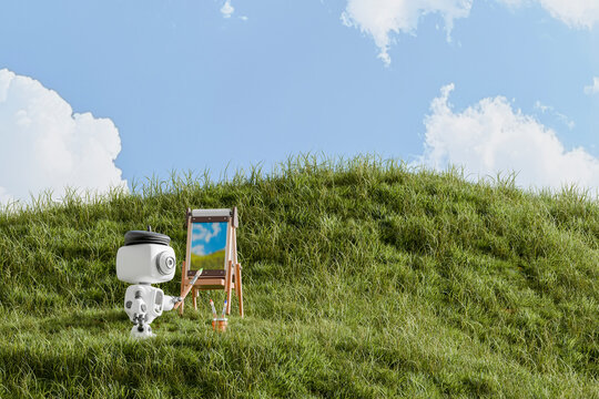 3D rendering of a robot painting on an easel outdoors on a grassy hill under a blue sky with clouds