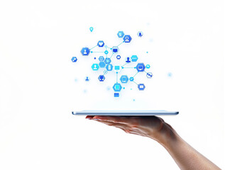 Human hand holding sleek tablet with floating blue tech icons connected in a digital network, minimal style on white background, concept of innovation. Ai generative