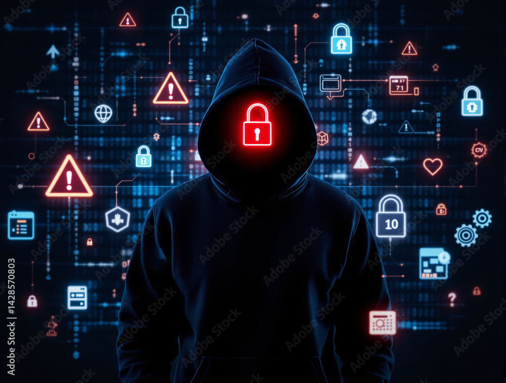 Aufkleber hooded figure with padlock face symbol in tech style, surrounded by digital cybersecurity icons and 