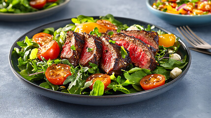 Grilled steak salad with cherry tomatoes gourmet kitchen food photography bright setting close-up culinary delight