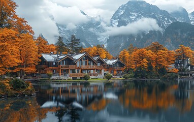 Fototapeta premium Picturesque autumnal alpine village by a serene lake, with wooden chalet homes reflected in the water, set against a backdrop of majestic mountains and colorful foliage