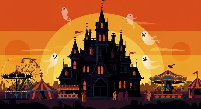 Spooky Halloween Castle at Sunset with Carnival
