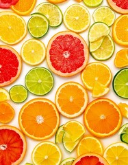 Obraz premium A seamless pattern of sliced citrus fruits—lemons, limes, oranges—on a white background, vibrant colors, high-resolution, suitable for packaging design