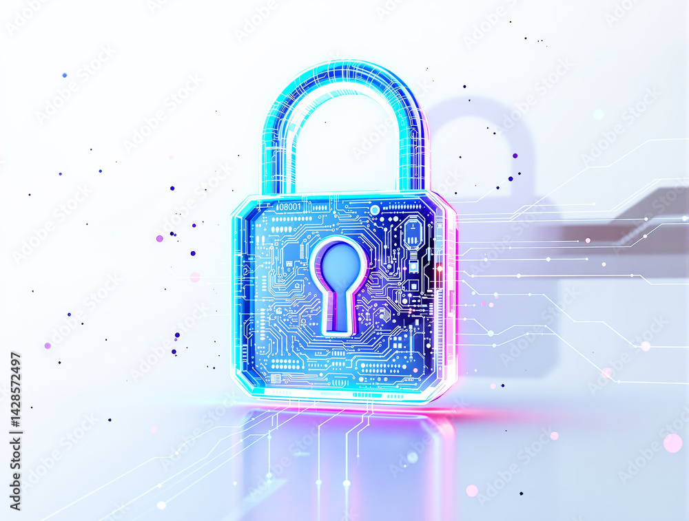 Poster glowing high-tech padlock with circuit design, futuristic digital style on a white background, conce