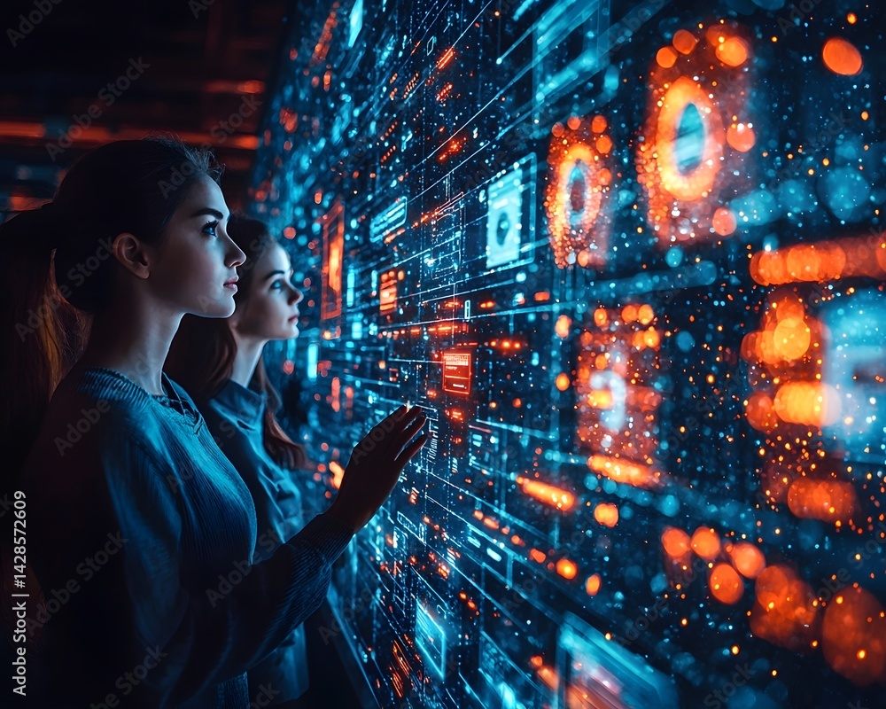 Poster data analysts collaborating on a virtual dashboard to detect financial fraud