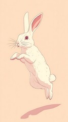 A whimsical illustration of a leaping white rabbit.