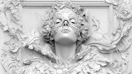 Fototapeta premium Sculpted Woman in Ornate Floral Frame