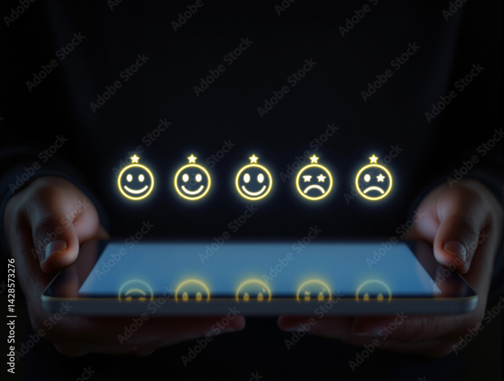 Poster glowing customer feedback smiley icons hover above a tablet held by hands in a dark setting, showing