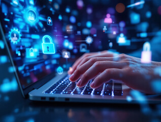 Human hands typing on a laptop with glowing cybersecurity icons and tech symbols floating above, futuristic digital style, on a dark blurred background. Ai generative