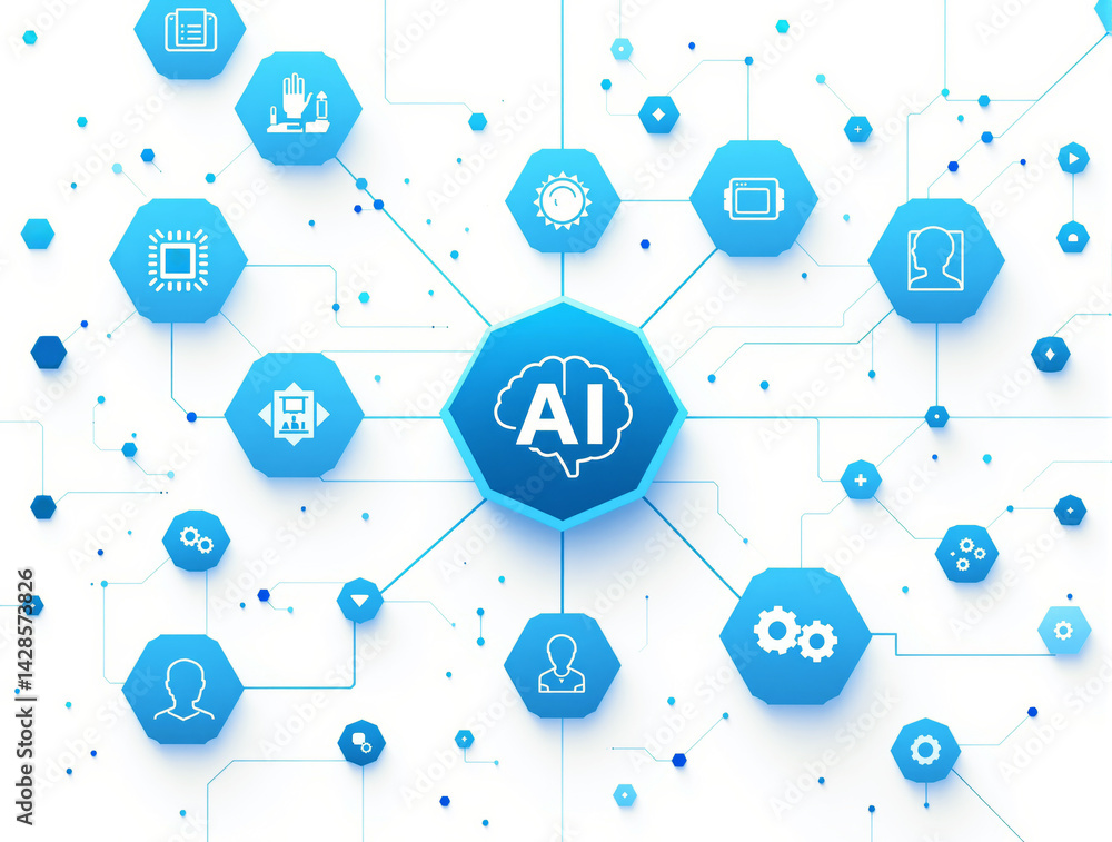 Poster artificial intelligence icons in blue hexagons connected by tech lines on white background, modern d