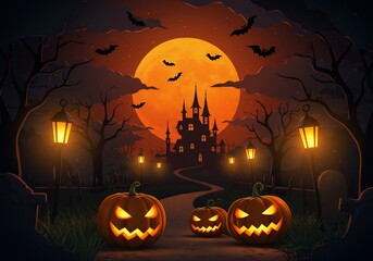 Spooky Halloween Night Scene with Glowing Pumpkins and Castle