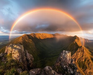 A sharp ridge divides valleys under a vibrant rainbow