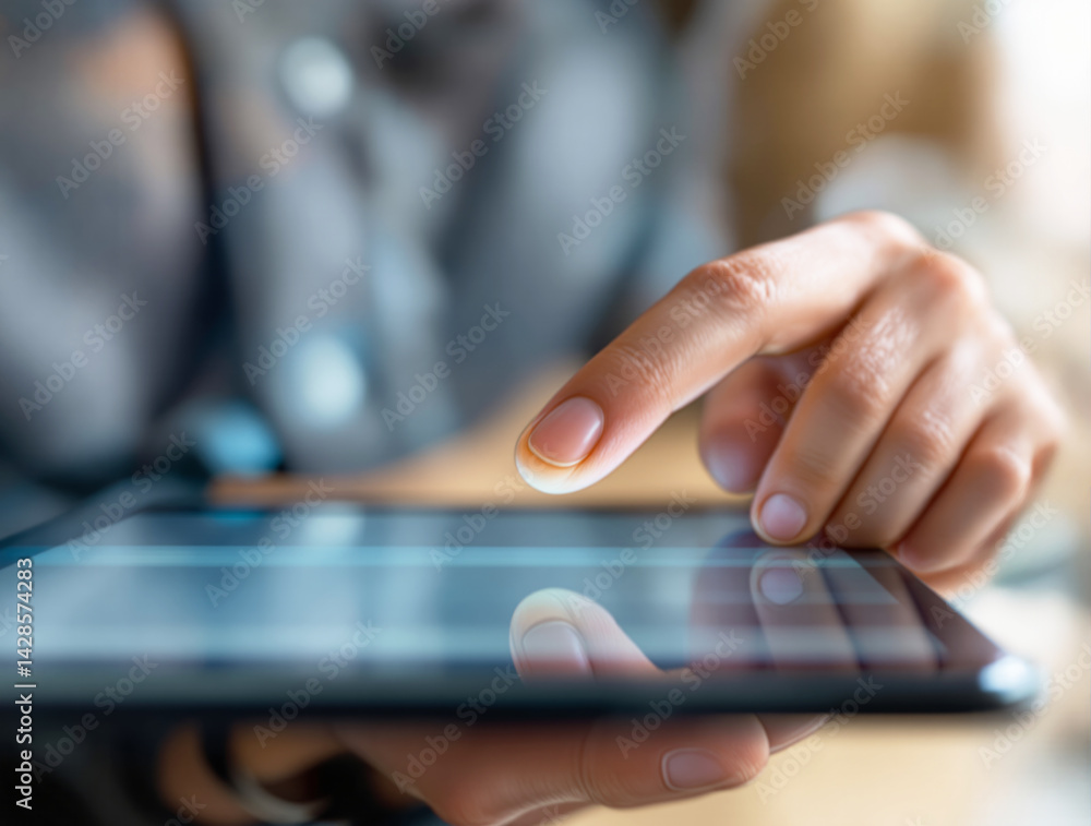 Poster a person interacting with a touchscreen tablet, close-up shot with shallow depth of field, soft natu