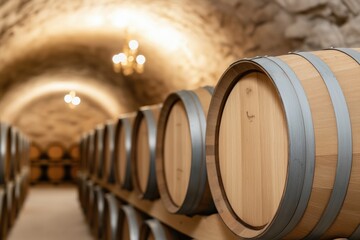 Rustic wine cellar with wooden barrels lined along stone walls, evoking classic aging process in viticulture and winemaking. Traditional wine cellar with oak barrels

