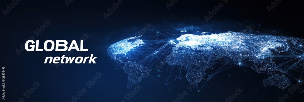 Poster global network representation highlighting interconnected continents and digital connections