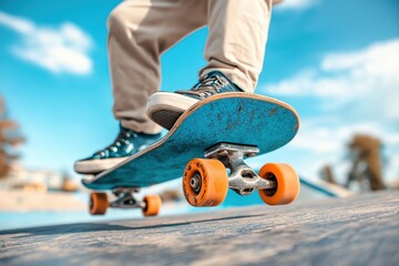 Skateboarder riding at skatepark outdoors. Low angle shot of a skateboarder mid-action on a blue skateboard at a sunny outdoor skate park.

